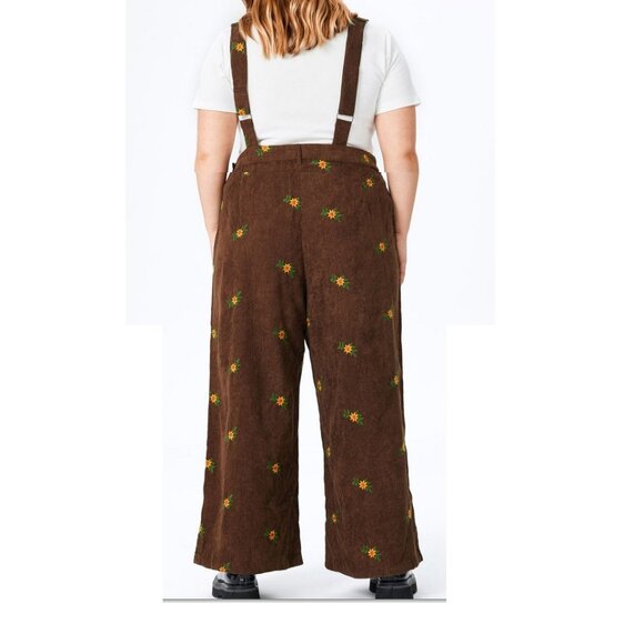 2X Plus Size Cider Brown Corduroy Floral Embroidered Bibs Hippie Boho - Picture 2 of 6